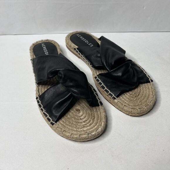Aerosoles Paramus Black Leather Flat Espadrilles Sandals Womens Size 10M - Picture 1 of 12